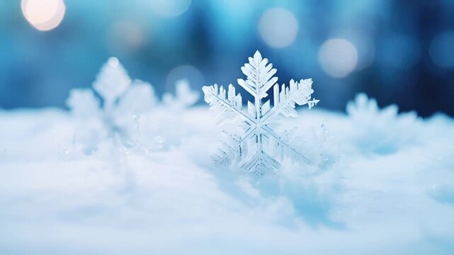 A closeup of a snowflake on a snowy surface with a bokeh background. The snowflake is translucent, with intricate patterns that resemble snowflakes.