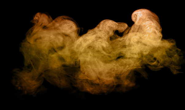 Orange and yellow dust explosion or powder cloud isolated on black background, perfect for creative design, color effects, festival concepts, and abstract digital art compositions.