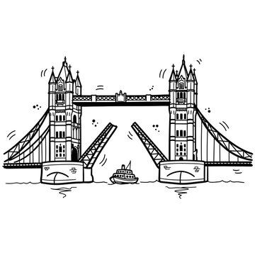 Cartoon Tower Bridge Illustration with Open Bascules and Boat.