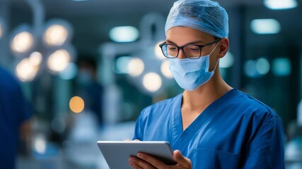 Young medical professional in blue scrubs and surgical mask uses a digital tablet in a modern hospital setting. Focused healthcare worker leverages technology for patient care - Powered by Adobe