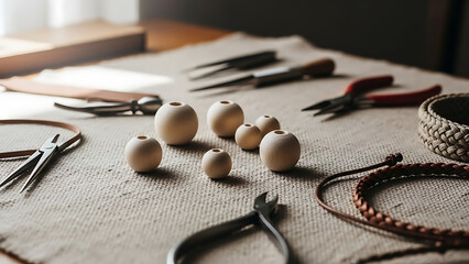 Handmade Jewelry Making Supplies and Tools on a Crafting Table