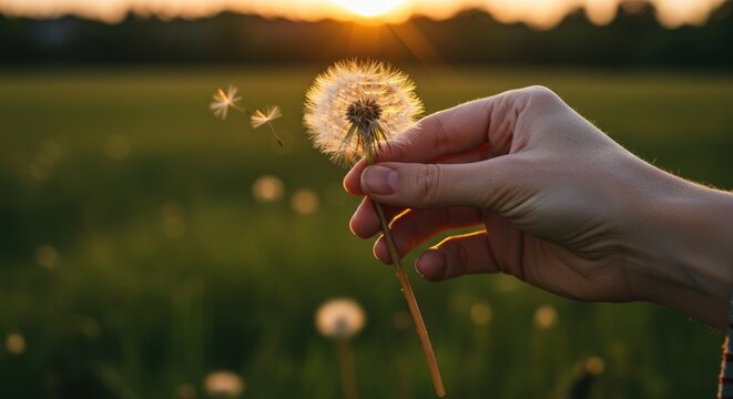 Hand holding dandelion with seeds blowing in the wind at sunset. - Powered by Adobe