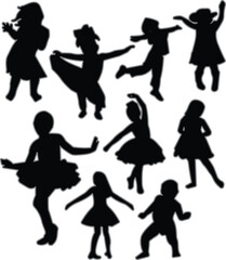 Children dancing silhouette set, playful poses, joyful movement, black figures, vector graphic, minimal, fun, expressive, active, art