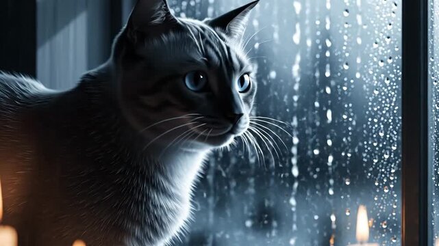 A Black Cat Contemplates the Rain Outside a Window with Candles.
