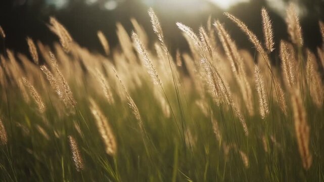 Tall grass moving gently in the breeze forming soft flowing lines in a bright natural landscape