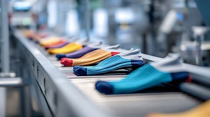 Socks of various colors are aligning on a conveyer belt for processing, representing the efficient mass production and manufacturing in a modern textile factory