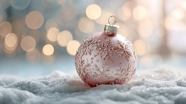 Pink christmas ornament with shimmering snowflakes resting in artificial snow, creating a festive winter holiday atmosphere with blurry golden lights in the background - Powered by Adobe