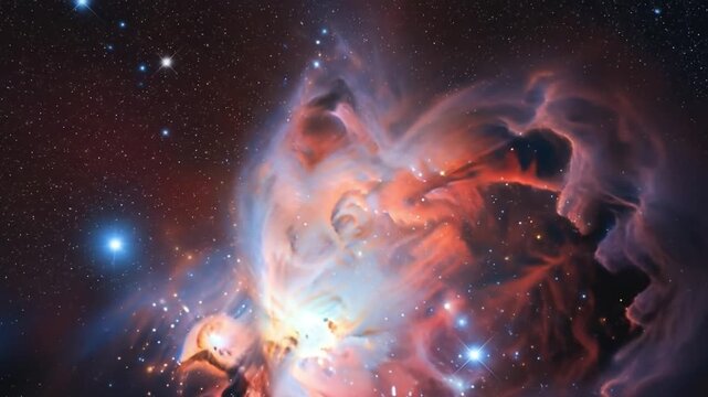 A multicolored cosmic cloud radiates displaying vibrant hues of red orange and blue amid a starry backdrop