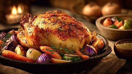 Golden brown roast chicken with crispy skin, seasoned with herbs, surrounded by roasted carrots, onions, and potatoes, ready for a festive holiday dinner celebration