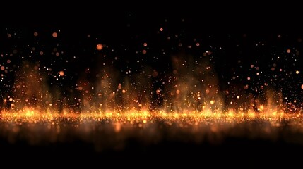Glowing gold glitter particles and abstract orange sparks rising from a bright shimmering base, creating a dynamic background effect with bokeh light against a dark backdrop