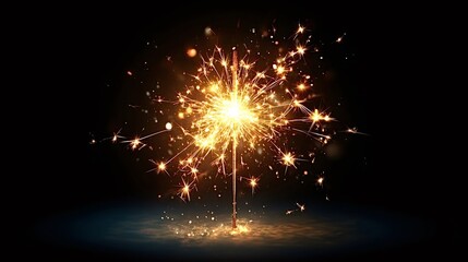 Golden sparkler burning brightly against a dark background. Radiating festive energy and creating a vibrant light display with glittering sparks. Perfect for celebrating holidays and special occasions