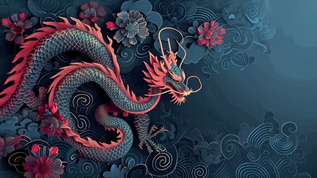 3D papercut dragon digital artwork with floral motifs and swirling patterns.