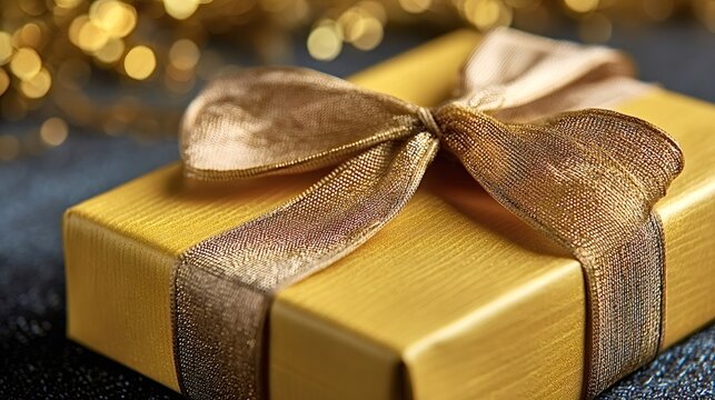 Golden wrapped gift box showcasing a delicate gold ribbon bow, sitting against a sparkling background with warm bokeh lights, symbolizing celebration and surprise - Powered by Adobe