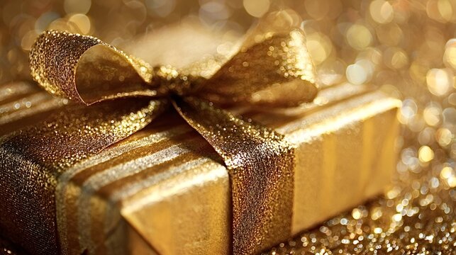 Golden gift box sparkling with a glittery ribbon and bow, symbolizing celebration, luxury, and festive occasions with a shimmering bokeh background creating a cheerful atmosphere
