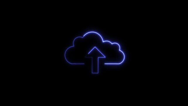 Upload arrow cloud icon, flashing blue neon cloud, 4k video