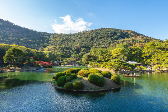 Scenery of South pond at Ritsurin Garden in Takamatsu, Kagawa, Japan