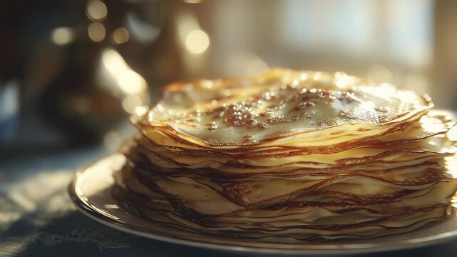 A tall stack of golden pancakes sits elegantly on a delicate plate, each layer slightly crisped and shining under warm light. The pancakes invite a hungry woman to indulge in their