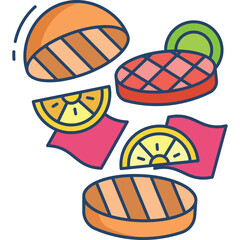 Stylized Illustration of Grilled Meat Patties Lemon Slices and Red Napkins with Transparent Background