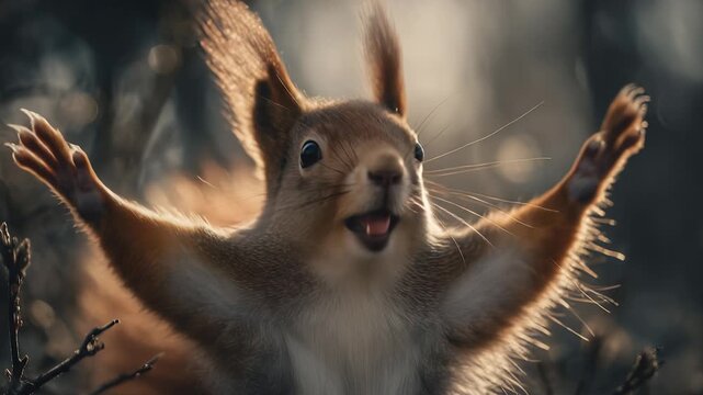 A lively squirrel stands with its arms raised high, showcasing its fluffy fur and bright eyes filled with excitement. The charming creature is surrounded by a soft, blurred backgro