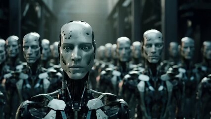 A closeup of a humanoid robot with a humanlike face, set against a backdrop of a group of similar humanoid figures. The robots face is detailed with intricate facial features.
