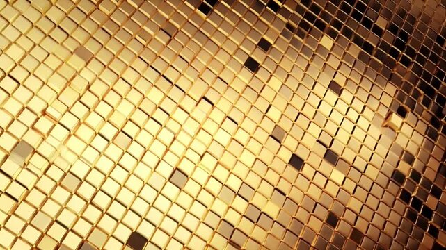 Digital art wallpaper background. A closeup of a building facade with a grid pattern of golden tiles. The tiles are illuminated from within, casting a warm.