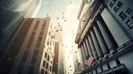 Stock market. Finance investment economy concept. New York City skyscrapers with flying debris in the air, creating a dramatic and actionpacked scene.