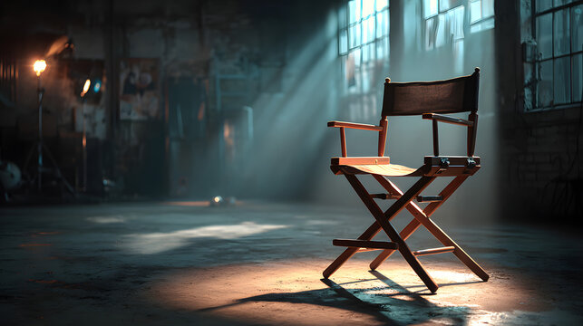 An empty director chair in front of an empty film set. Gloomy background