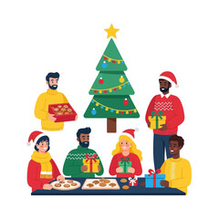 Flat Illustration Group of People Celebrating Christmas Holiday with Gift
