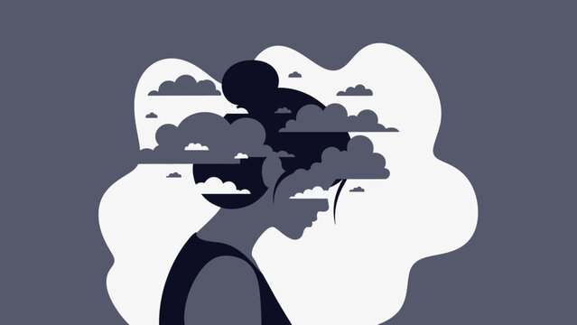 Minimalist Woman Silhouette with Clouds Over Head Mental Health Illustration