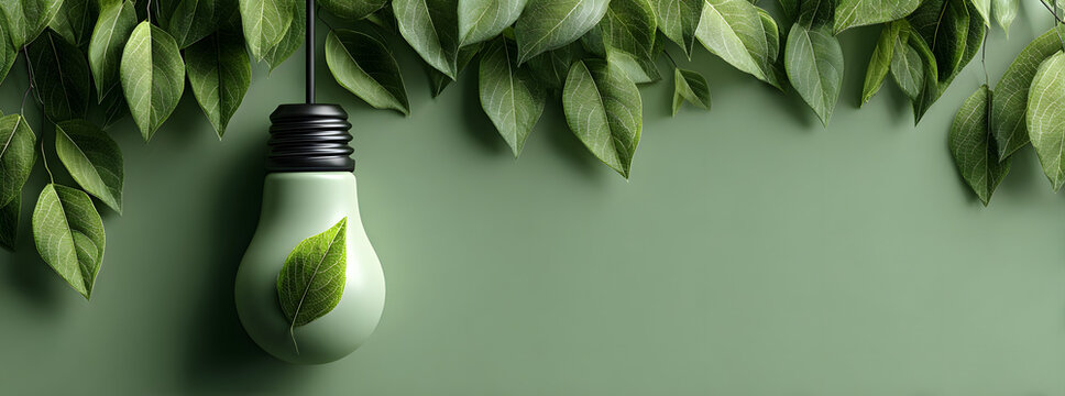 Ecology, save energy and sustainability concept. Environment banner with light bulb with green leaves on green background. Sustainable energy development. Banner size, copy space