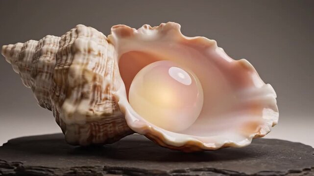 A luminous pearl nestled within a conch shell, resting on a dark stone surface.