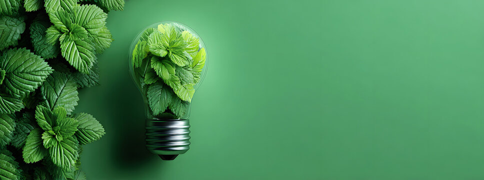 Ecology, save energy and sustainability concept. Environment banner with light bulb with green leaves on green background. Sustainable energy development. Banner size, copy space - Powered by Adobe