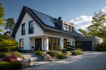 New suburban house with a photovoltaic system on the roof. Modern eco friendly passive house with solar panels on the gable roof, driveway and landscaped yard