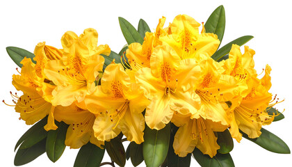 Bright yellow rhododendron blooms and green leaves isolated on a transparent background