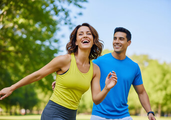Happy active friends jogging together in a sunny park