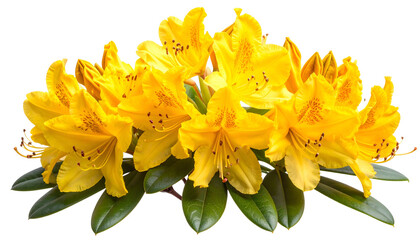 Close-up of vibrant yellow flowers with dark green leaves on a transparent background