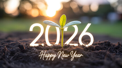 Green seedling in soil forms 0 in 2026 with happy new year text, symbolizing growth, new beginnings, and hope against a warm, blurred background