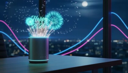 Animated AI fireworks and sparkling Happy 2026 hologram emerging from a Smart cylindrical device on a night city backdrop, neon curves and cyber ambience,  business greetings, Copy Space  - Powered by Adobe