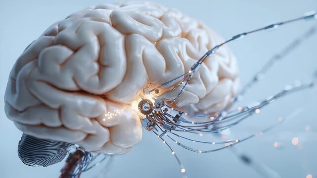 Futuristic artificial intelligence concept showing a human brain connected to advanced neural interface technology. Digital wires and circuits illustrate brain machine integration