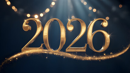 Golden 2026 numbers with sparkling glitter, ideal for new year celebrations, anniversaries, and future event designs, set against a dark background with festive bokeh lights