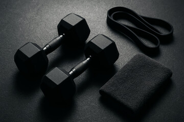 Monochromatic Gym Gear: Two Black Dumbbells, Resistance Band, and Towel on Dark Surface