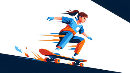 Fototapeta premium Dynamic Vector Illustration of Young Woman Skateboarder Riding Downhill, Extreme Sport and Urban Lifestyle
