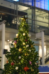 a Christmas tree topped with a golden star and decorated with warm golden lights. In the background, a larger Christmas tree glows brightly with sparkling lights, creating a warm and festive holiday 