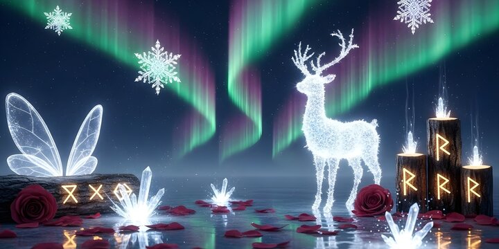  "Enchanted Aurora Borealis Christmas Night – Ethereal Reindeer and Giant Crystal Snowflakes Wallpaper"