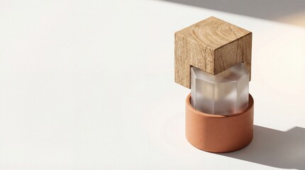 Concept of hybrid collaboration. Geometric shapes of wood (nature), glass (tech), and ceramic (human) interlocking perfectly. Symbolizes sustainability, diversity, and innovation synergy.