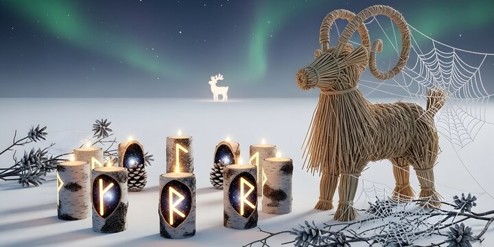 Mystical Scandinavian Julbock in Snow – Nordic Runes and Aurora Winter Solstice Christmas Wallpaper" - Powered by Adobe