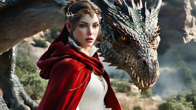 A vivid portrayal of a female character with a dragons head, set against a backdrop of a serene landscape. The character is adorned in a regal red cloak, complemented by a golden crown.