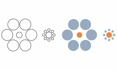 Ebbinghaus illusion or Titchener circles.outline optical perception psychology diagram for research, cognition and neuroscience.isolated white background.