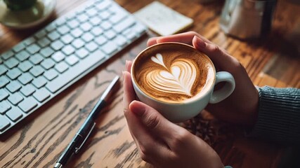 A closeup of a persons hands holding a cup of coffee with a heartshaped latte art design. The coffee is a creamy white with intricate heart patterns on its surface. - Powered by Adobe
