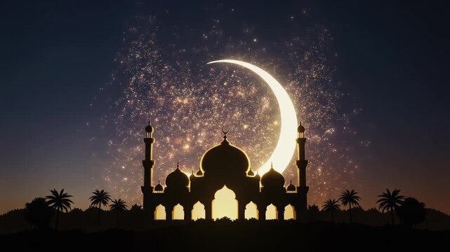 Ramadan Kareem greeting card with crescent moon and mosque silhouette against a starry night sky and palm trees